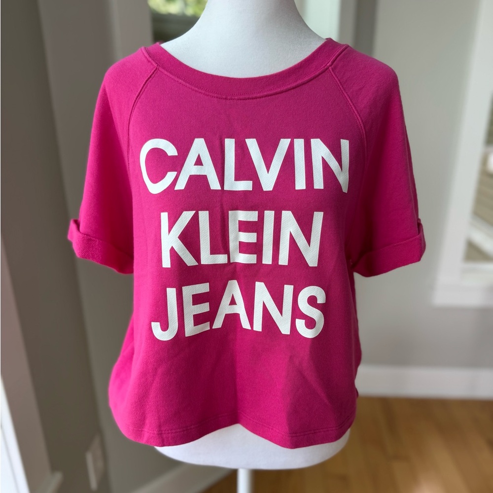 Calvin Klein Hot Pink White French Terry Cropped Short Sleeve Sweatshirt Small